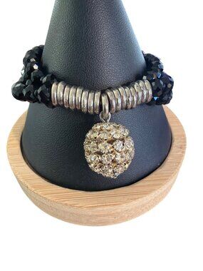 Black Glass Faceted Bead Stretch Bracelet Rhinestone Ball Multi Strand Adj 6.5"